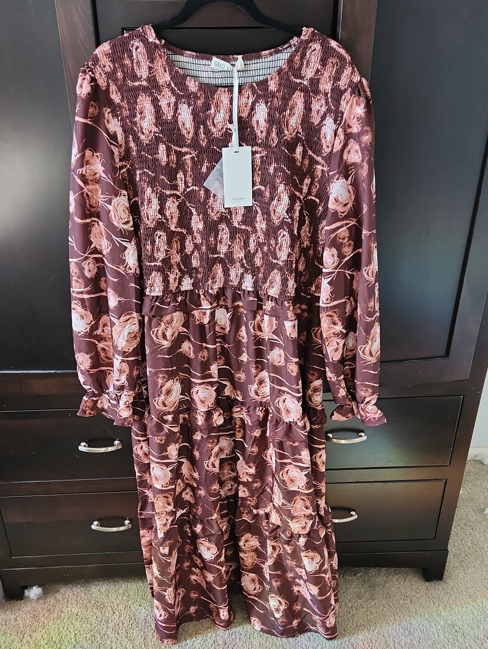 Grace Karin Brown and Blush Rose Print Smocked Maxi Dress